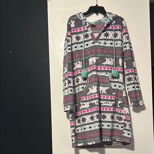 Secret Treasures Fleece hooded sweatshirt Dress with Geometric and bear Print